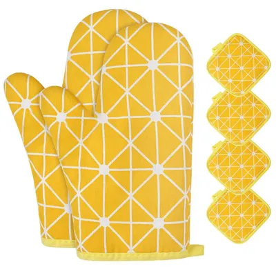 Produktbild von Ofenhandschuhe und Topflappen Set Gelb Baumwolle Hitzebeständig bis 180°C 1 Paar + 4 Stück
