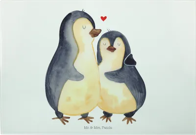 Produktbild von Mr. & Mrs. Panda Schneidebrett Glas Pinguin umarmen - Weiß - Geschenk, Hackbrett, Großes, Hochzeitsgeschenk, glücklich, Frühstücksbrett, Hochzeitstag, Verknallt, Liebe