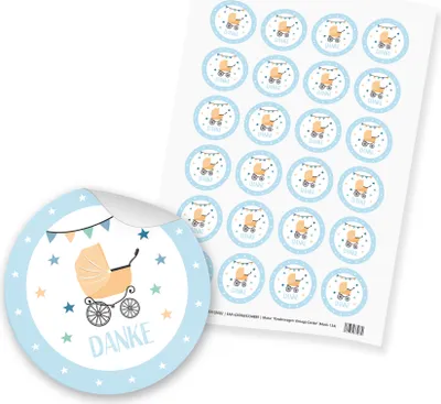 Produktbild von itenga 24x Sticker "Danke / Kinderwagen Vintage" (Motiv 134) hellblau gelb
