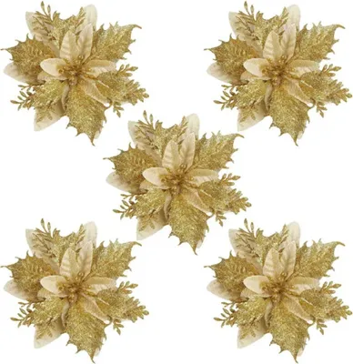 Produktbild von 5 Stück 14 cm große Weihnachtsstern, künstliche Blumen, Goldglitzer, Weihnachtsblumen für Zuhause, Weihnachtsbaumschmuck, Neujahr, Hochzeit, Party, Kranz, DIY-Dekoration