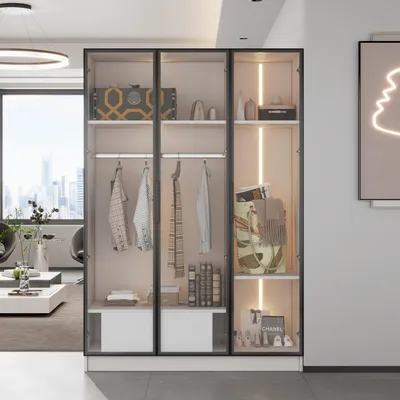 Produktbild von Geräumiger weißer Kleiderschrank mit 3 Glastüren, 1 Schublade und 1 Kleiderstange - 110*50*160 cm - mit LED-Licht
