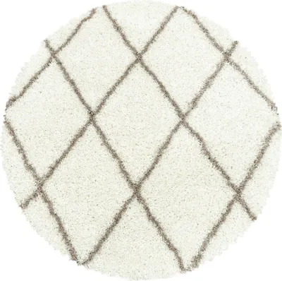 A round rug with a diamond pattern.