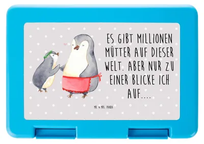 Produktbild von Mr. & Mrs. Panda Bento Box Pinguin mit Kind - Grau Pastell - Geschenk, Lunchbox, Mutter, Mama, Frischhaltedose, Familie, Muttertag, Snackbox, Vorbild, Picknickbox