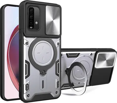 Produktbild von Handyhülle für Xiaomi Redmi 9T/Note 9 4G/Poco M3 Dual-Layer Stoßfest Rüstung Hülle mit Dia Kameraschutz und Kreisförmig Ring Ständer Silber