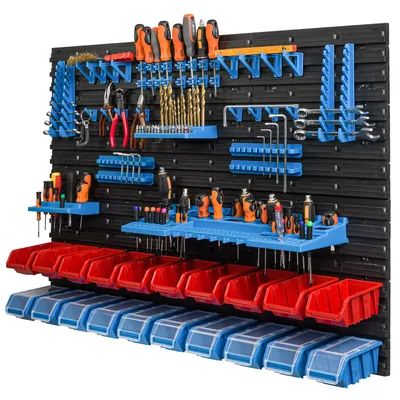 Obrázek produktu pro 20 stohovacích boxů nástěnná police plastové víko 115 x 78 cm držák na nářadí dílenský garážový úložný systém otevřená fronta úložné boxy žlab