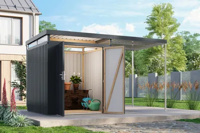 Produktbild von Gartenhaus Metall Metallgerätehaus Metallgartenhaus AURUM 2 Metallhaus anthrazit 414x209x239 cm