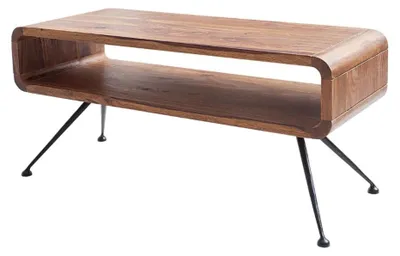 Image de Table basse RETROVA 100 cm en bois de Sheesham verni avec pieds métal noir et espace de rangement