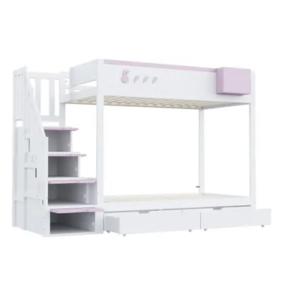 Immagine prodotto di Letto a castello per bambini 90×200 cm, con motivi a forma di coniglietti e carote, ripiano rimovibile, scaletta di sicurezza, cassetti, rete a doghe, bianco + rosa