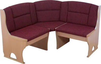 A corner bench with red upholstery and light wood frame, shown against a white background.