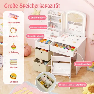 Obrázok produktu pre Detský toaletný stolík s osvetlením Detský toaletný stolík so zrkadlom Toaletný stolík Biely