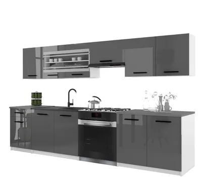 Image de Belini - Coin cuisine moderne ITALIA 4 - Meubles de cuisine 260 cm, gris brillant - Cuisine équipée avec éléments hauts, éléments bas et plans de travail