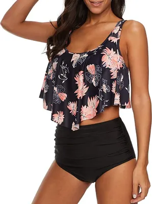 Produktbild von Bikini High Waist Damen Zweiteiliger Bikini Set Hohe Taille Bikinihose mit Langem Volant - M
