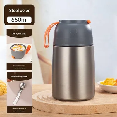 Obrázok produktu pre Izolovaná oceľová obedová krabička, sivá nádoba na teplé jedlá a studené nápoje, 650 ml