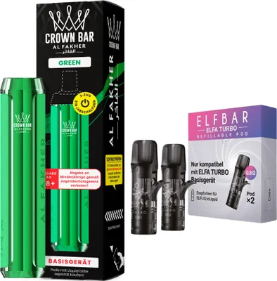 Zdjęcie produktu dla Zestaw Al Fakher Crown Bar 600 Pod – zielony – mod o pojemności 500 mAh wraz z 2 pustymi wkładami o rezystancji 0,8 Ω, złącze USB-C, system wkładów o pojemności 2 ml, tryby DTL i MTL, możliwość ładowania, bez płynu