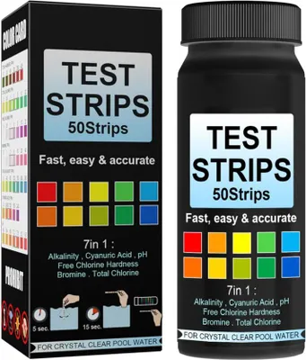 A product shot showing a box and a bottle of test strips for pool water.