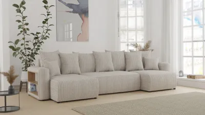 Produktbild von U-Form Sofa ANTONIO SOLERO - 312x142x73cm, Wohnzimmersofa mit Schlaffunktion & Bettkästen - Eckarniutur, Couch U-form, Bezug - Cord in Beige
