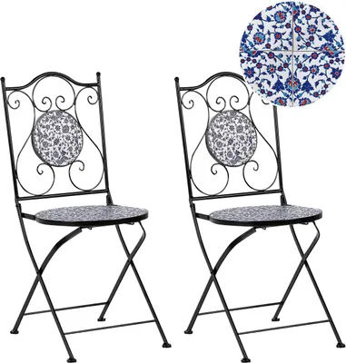 Produktbild von BELIANI Gartenstühle 2er Set Schwarz u. Blau aus Metall Mosaik Muster Zusammenklappbar Klappstühle Outdoor Terrassenmöbel Gartenmöbel Balkonmöbel