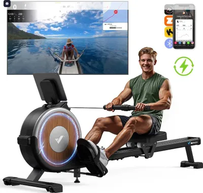 Produktbild von MERACH magnetisches Rudergerät – 16 Stufen Widerstand, Doppelschienen, Bluetooth-App (Kinomap), Tablet-Halter, leise, vertikal klappbar, bis 158 kg