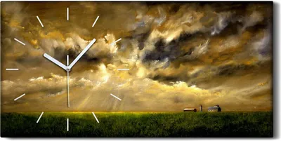 Produktbild von Leinwand Wanduhr Wandkunst Uhr 60x30 Ölgemälde Landschaft Feld Himmel Wolken - weiße Hände