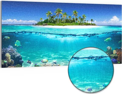 Produktbild von DEQORI Hybrid Leinwand Bild 100x50 cm 'Insel im tropischen Meer' Wandbild Glas flach modern