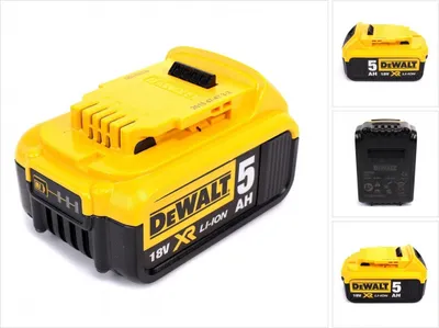 A collage of images showing a DeWalt 18V 5Ah XR Li-Ion battery pack from different angles.