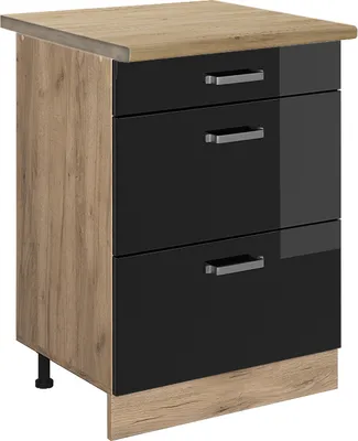 Produktbild von Küchenunterschrank Vicco R-Line Schwarz Hochglanz 60 cm mit Schubladen, AP Eiche, Model 45486
