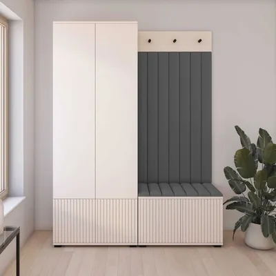 Produktbild von Garderoben-Set Ritmo version 1 – gefräste Kleiderschrank mit Polsterplatten, Schuhschrank, für Flur und Eingangsbereich (cashmere, Trinity 15)