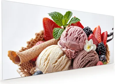 Produktbild von Küchenrückwand Spritzschutz Glas mit Motiv Eiswaffelmit Obst 40 x 40 cm