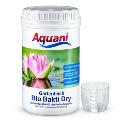 Aquani Bio Bakti Dry, 1.000 ml mit Messbecher auf weißem Hintergrund, KI-generiertes Bild