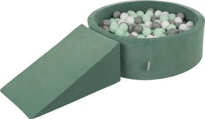Produktbild von KiddyMoon spielplatz velvet aus schaumstoff mit samt rund bällebad bällebad (200 bälle) + zwickel ballgruben für babys spielbad hindernisläufen, hergestellt in der eu, waldgrün: weiß/grau/minze