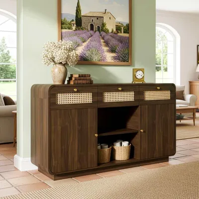 Produktbild von Nussbaum Sideboard mit Rattan & Goldgriffen, 3 Schubladen, verstellbare Regalböden, offenes Fach, Schränke - 120x40x85 cm