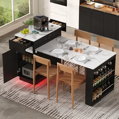 Obrázok produktu pre Kuchynský ostrov Merax s kolieskami, výsuvný jedálenský stôl s LED osvetlením, USB a Type-C portami, zásuvkami, háčikmi, úložným priestorom, 58-154 x 80,5 x 94 cm, čierna farba
