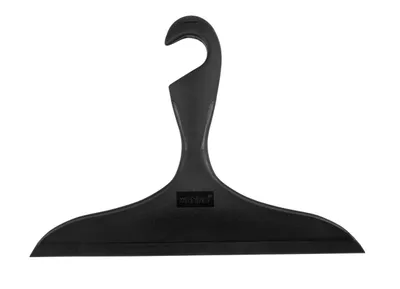 A black bathroom squeegee with a hook for hanging.