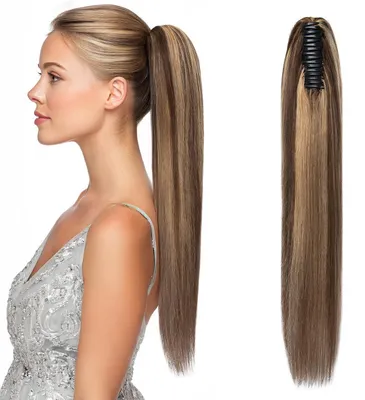 Image de Pièce de cheveux en forme de queue de cheval, avec clip, en cheveux naturels, 40 cm, couleur marron moyen/blond foncé, 105g