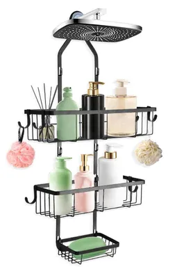 Immagine prodotto di Portaoggetti da bagno senza foratura, organizer per doccia, portasapone con ganci, 3 livelli, in acciaio inossidabile, regolabile in altezza