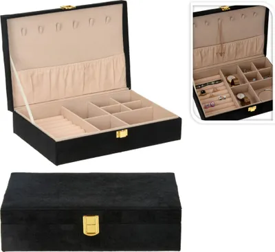 Image de Merkloos boîte à bijoux/coffret à bijoux velours noir 28 x 19 x 7 cm - boîte de rangement pour bijoux