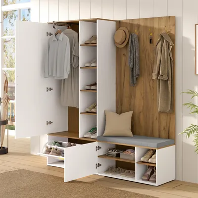 Produktbild von Flieks Garderobenset mit Schuhschrank, ausziehbarer Kleiderstange, 4 Haken, Spiegel und Schuhbank, Wandgarderobe für den Flur, Flurmöbel-Set, Weiß