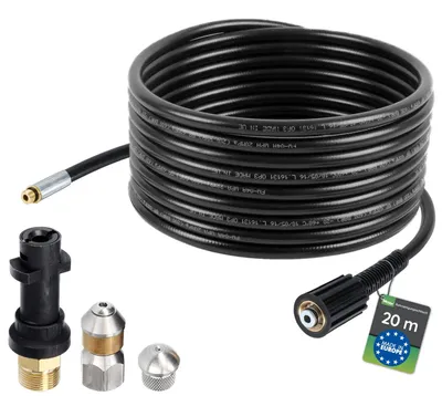 Produktbild von McFilter | Rohrreinigungsschlauch, 20m, 160-200 bar, inkl. Adapter, Düsen starr + rotierend, kompatibel mit Kärcher K2, K3, K4, K5, K6, K7 Hochdruckreiniger – Größe für K2 - K6 (160 bar)