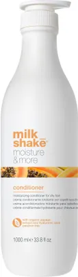 A white pump bottle of Milk Shake Moisture & More Conditioner.