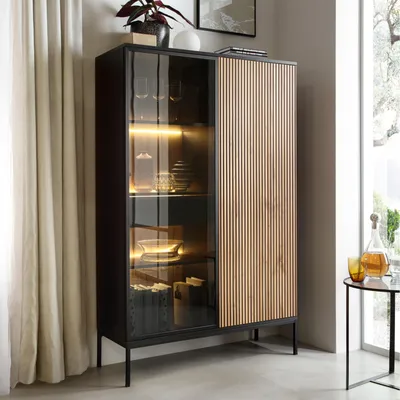Produktbild von Laval WTSZ104 - Schrank mit LED-Beleuchtung, schwarz, Eiche wotan, Lamellen, Breite 104 cm, Höhe 166 cm, Tiefe 39 cm