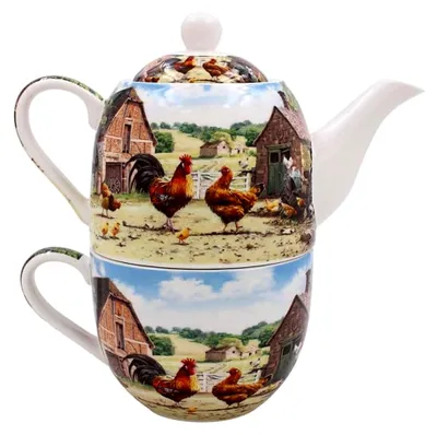 Produktbild von LESSER & PAVEY Tea for One Keramik Feinporzellan Hahn und Henne Küchengeschirr im Landhausstil