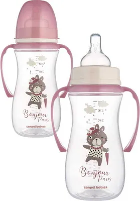 Two baby bottles with handles and cartoon bunny illustrations.