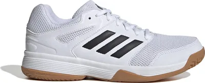 A white Adidas indoor sports shoe with black stripes and a brown sole, shown from the side against a white background.