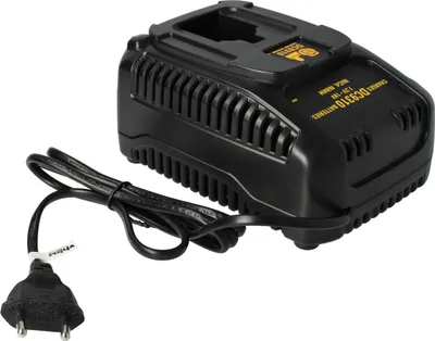 A black battery charger with a power cord and plug.