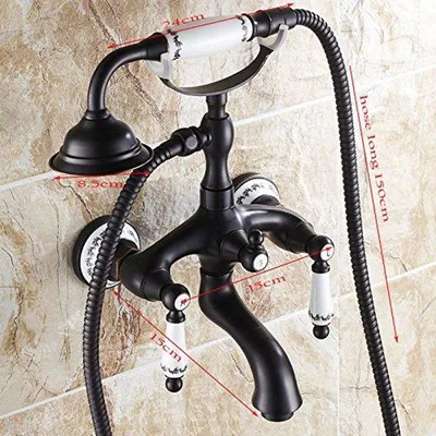Produktbild von Unyqoos® Massiv-Messing Badarmatur zur Wandmontage mit Handbrause für Badewanne, hoher Auslauf, ölverriebene Bronzeoberfläche