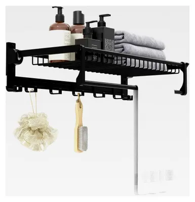Produktbild von Badezimmerregal mit beweglichen Haken und Handtuchstange 60 cm, Wandmontage aus Metall, Duschregal zum Hängen, Badetuchhalter