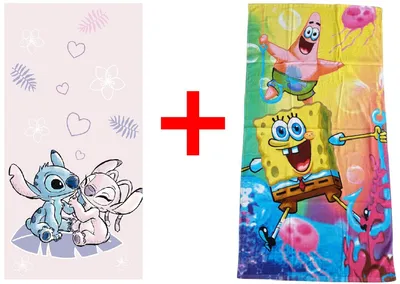 Produktbild von Lilo und Stitch + SpongeBob Schwammkopf Cartoon, Badetuch, Strandtuch, Badetextilien, 70 x 140 cm, 100% Baumwolle, 2er-Set