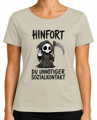 Imagen del producto de Camiseta para mujer con el texto "Hinfort", "Contacto social innecesario", "La Parca", "Declaración", "Sarcasmo", diseño de naturaleza, talla XXL