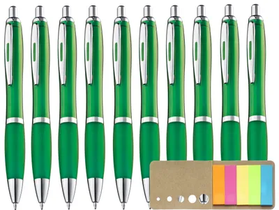 Produktbild von Set mit 10 ergonomischen, grünen Kugelschreibern mit blauer Tinte