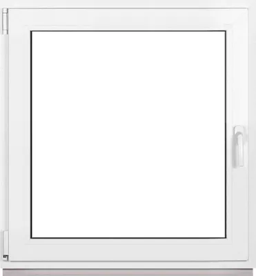 A white framed window with a clear glass pane, set against a white background.